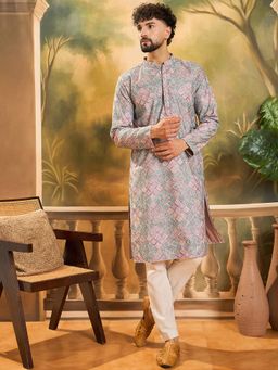 ETHNIC BAY - Men Viscose Rayon Abstract Embroidered Straight Mauve Kurta