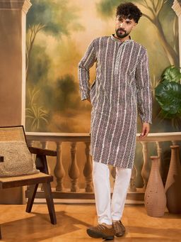 ETHNIC BAY - Men Viscose Rayon Shibori Embroidered Straight Purple Kurta