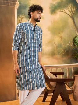 ETHNIC BAY - Men Viscose Rayon Shibori Embroidered Straight Blue Kurta