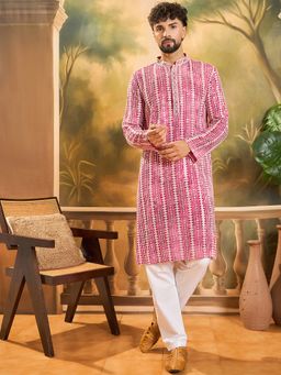 ETHNIC BAY - Men Viscose Rayon Shibori Embroidered Straight Red Kurta