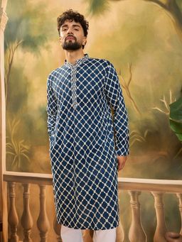 ETHNIC BAY - Men Viscose Rayon Shibori Embroidered Straight Blue Kurta