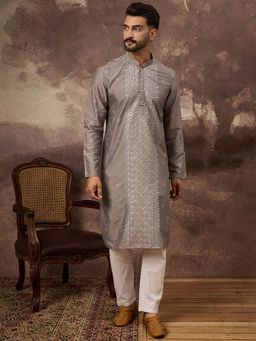 ETHNIC BAY - Men Silk Blend Solid Embroidered Straight Grey Kurta