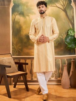 ETHNIC BAY - Men Viscose Rayon Solid Embroidered Straight Cream Kurta