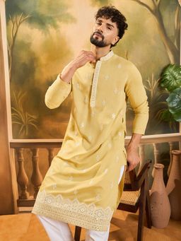ETHNIC BAY - Men Silk Blend Solid Embroidered Straight Yellow Kurta