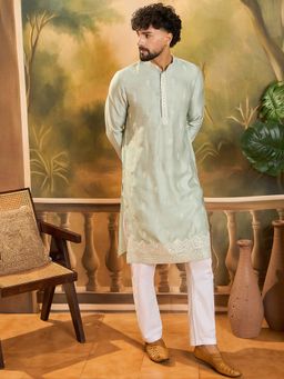 ETHNIC BAY - Men Silk Blend Solid Embroidered Straight Green Kurta