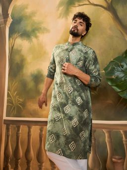 ETHNIC BAY - Men Silk Blend Batik Embroidered Straight Green Kurta