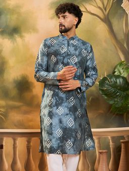 ETHNIC BAY - Men Silk Blend Batik Embroidered Straight Blue Kurta
