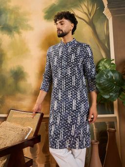 ETHNIC BAY - Men Viscose Rayon Shibori Embroidered Straight Blue Kurta