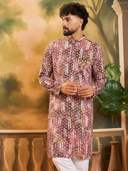ETHNIC BAY - Men Viscose Rayon Shibori Embroidered Straight Brown Kurta
