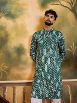 ETHNIC BAY - Men Viscose Rayon Shibori Embroidered Straight Green Kurta