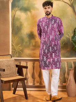 ETHNIC BAY - Men Viscose Rayon Shibori Embroidered Straight Purple Kurta