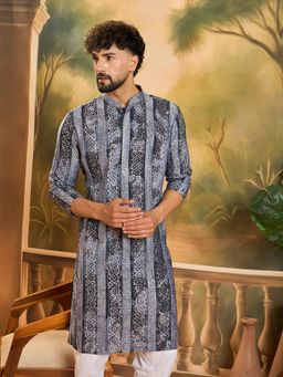 ETHNIC BAY - Men Viscose Rayon Batik Embroidered Straight Blue Kurta