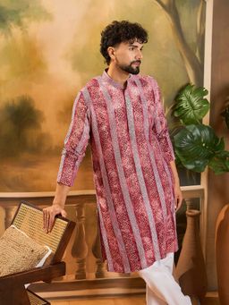 ETHNIC BAY - Men Viscose Rayon Batik Embroidered Straight Red Kurta