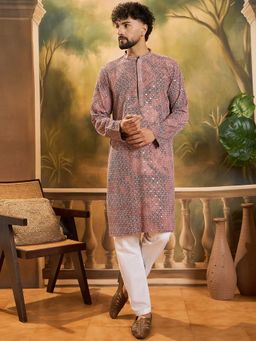 ETHNIC BAY - Men Viscose Rayon Shibori Embroidered Straight Brown Kurta