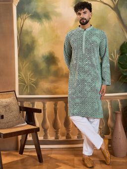 ETHNIC BAY - Men Viscose Rayon Shibori Embroidered Straight Green Kurta