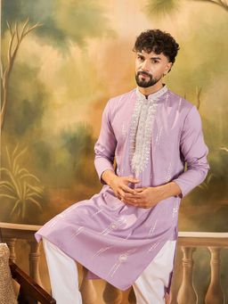 ETHNIC BAY - Men Silk Blend Solid Embroidered Straight Lavender Kurta