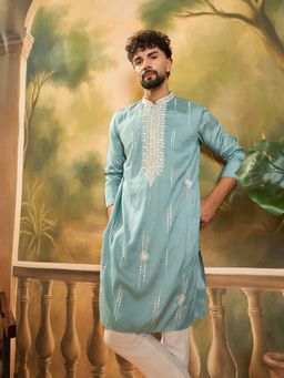ETHNIC BAY - Men Silk Blend Solid Embroidered Straight Blue Kurta