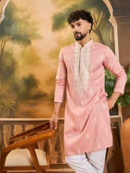 ETHNIC BAY - Men Silk Blend Solid Embroidered Straight Peach Kurta