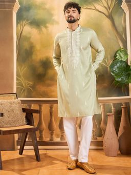 ETHNIC BAY - Men Silk Blend Solid Embroidered Straight Green Kurta