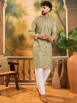 ETHNIC BAY - Men Silk Blend Solid Embroidered Straight Green Kurta
