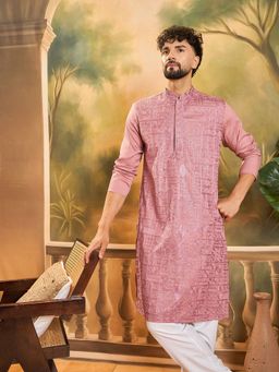 ETHNIC BAY - Men Silk Blend Solid Embroidered Straight Mauve Kurta