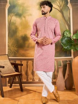ETHNIC BAY - Men Silk Blend Solid Embroidered Straight Mauve Kurta
