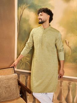ETHNIC BAY - Men Silk Blend Solid Embroidered Straight Green Kurta