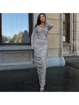 Outzidr - Grey Off Shoulder Full Sleeves Ruched Maxi Dress