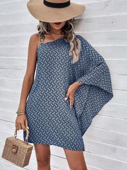 Outzidr - Grey One Shoulder Flare Sleeve Party Mini Dress