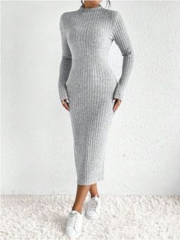 Outzidr - Grey Spaced Rib Bodycon Party Midi Dress