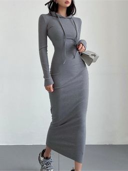Outzidr - Solid Grey Hooded Bodycon Casual Wear Midi Dress