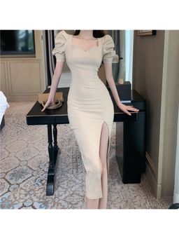 Outzidr - Khaki Sweetheart Neck Line Slit Party Midi Dress