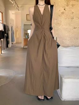 Outzidr - Brown Sleeveless Front Knot Flared Vacay Maxi Dress
