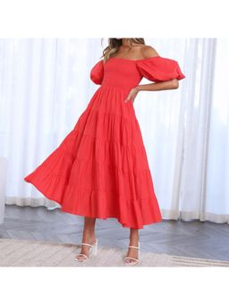 Outzidr - Red Off Shoulder Tier Vacay Midi Dress With Smocking