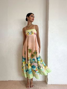 Outzidr - Orange Tropical Print Vacay Maxi Dress