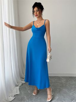Outzidr - Blue Cowl Neck Cinched Fit and Flare Party Maxi Dress