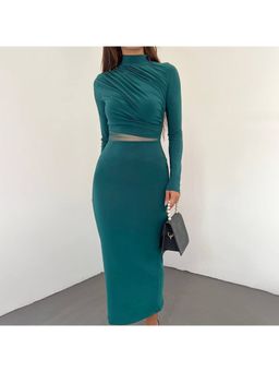 Outzidr - Green Side Ruched Party Midi Dress With Cut Out