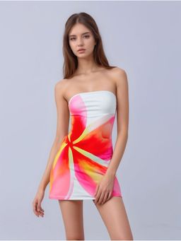 Outzidr - White Placment Print Off Shoulder Party Mini Dress