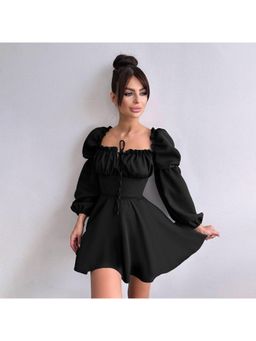 Outzidr - Black Corset Full Sleeves Casual Wear Mini Dress