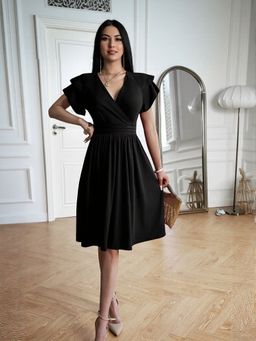 Outzidr - Black Mini Vacay Knee Length Dress with Ruffle Detail