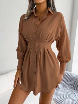 Outzidr - Brown Sinched Waist Shirt Party Mini Dress