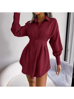 Outzidr - Maroon Sinched Waist Shirt Party Mini Dress