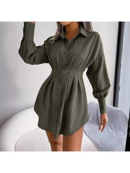 Outzidr - Olive Sinched Waist Shirt Party Mini Dress
