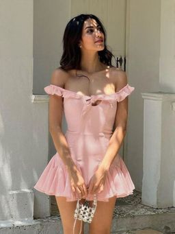 Outzidr - Pink Off-Shoulder Skater Vacay Mini Dress