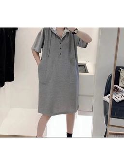 Outzidr - Grey T-shirt Style Hooded Dress