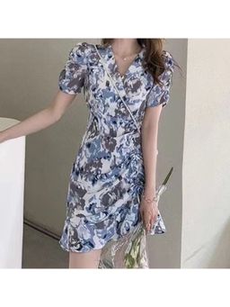 Outzidr - Blue Vacay Mini Dress With Ruching Detail