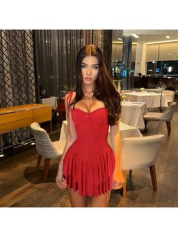 Outzidr - Red Fit And Flare Party Mini Dress