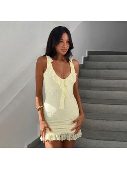 Outzidr - Yellow Ruffle At Neck Bodycon Party Mini Dress