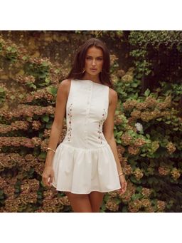 Outzidr - White Sleeveless Front Open Skater Vacay Mini Dress