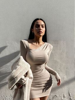 Outzidr - Beige Asymmetric Neck Full Sleeves Bodycon Mini Dress